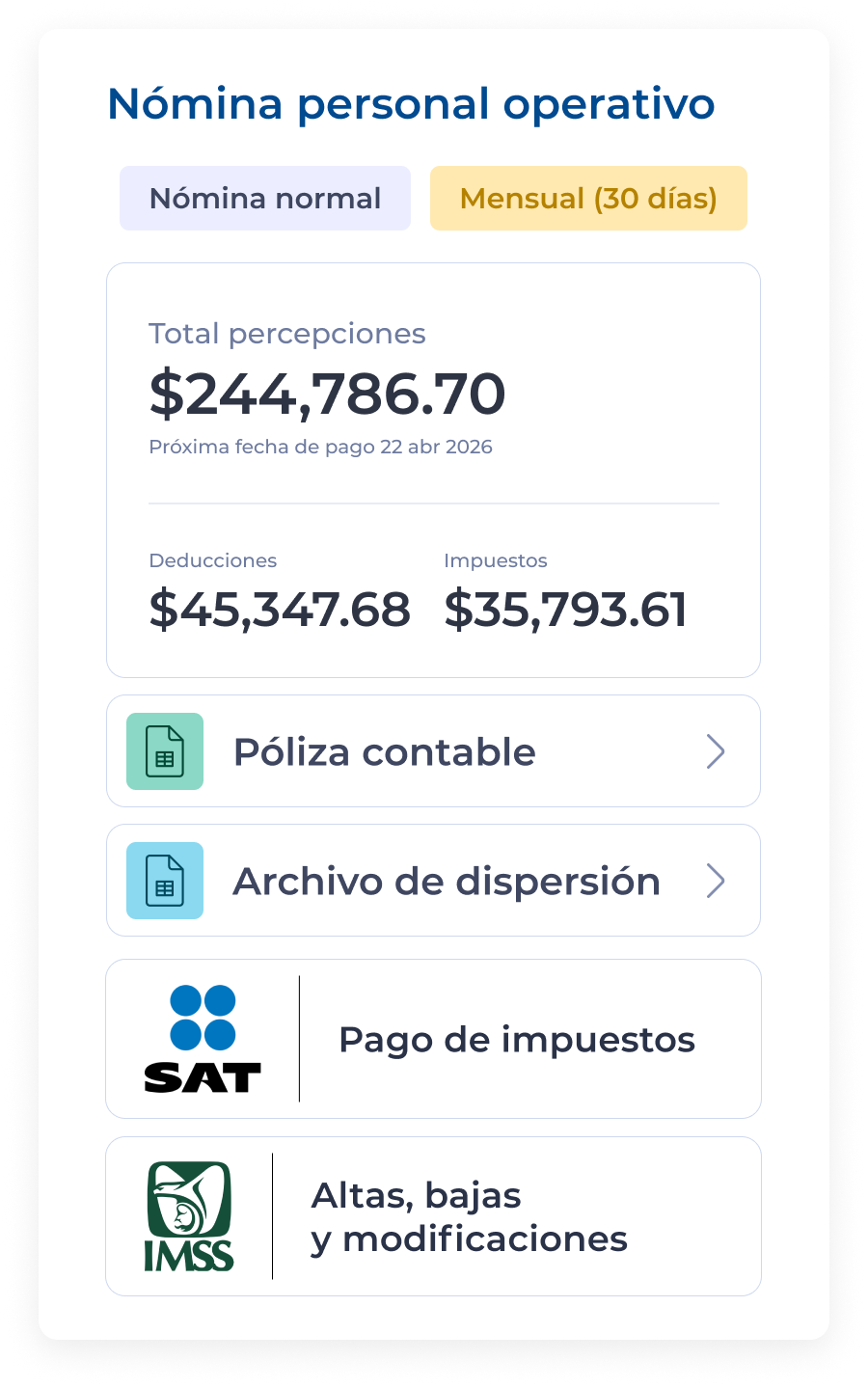 Nómina de personal operativo calculada en Worky: total de percepciones, deducciones, impuestos, póliza contable y pagos al SAT e IMSS