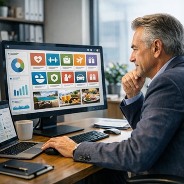 Director de recursos humanos gestionando plataforma digital de beneficios corporativos No visible text no words no letters